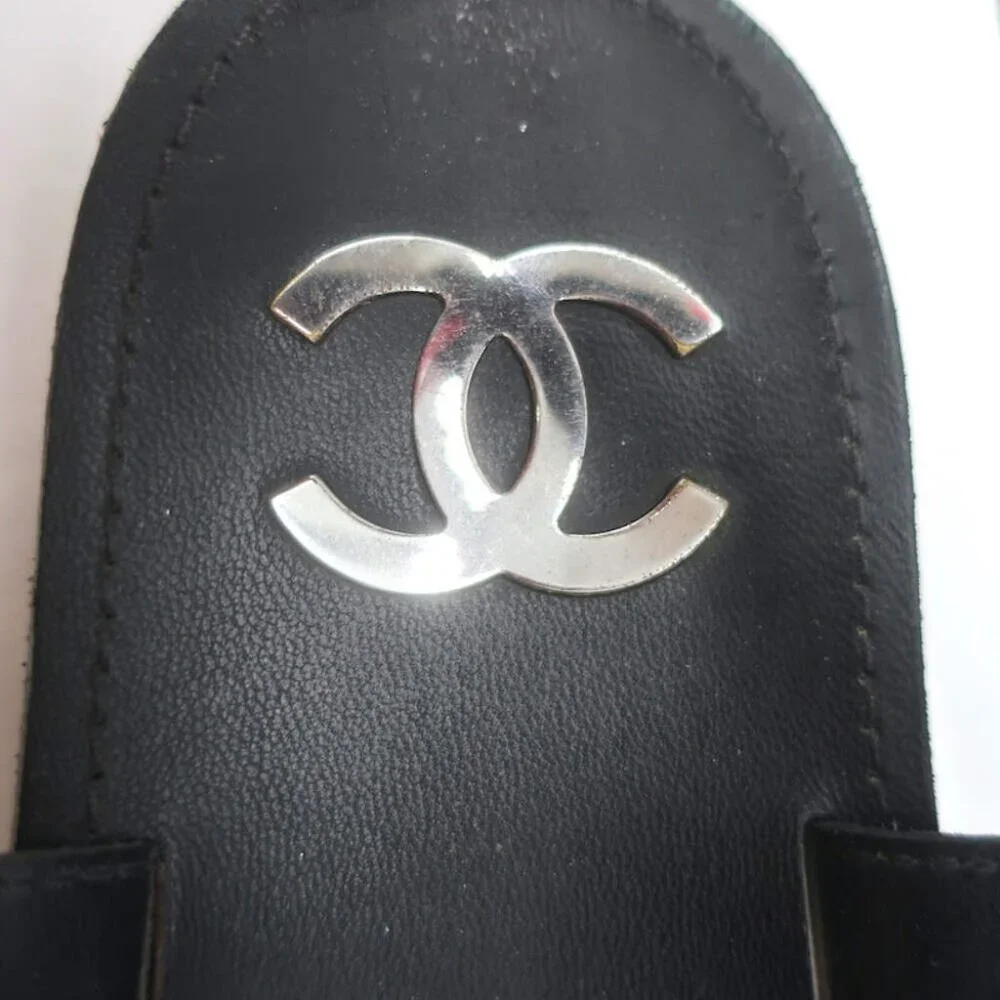 Chanel CC Chain-Trimmed Slingback Sandals Black Leather Size 39 C